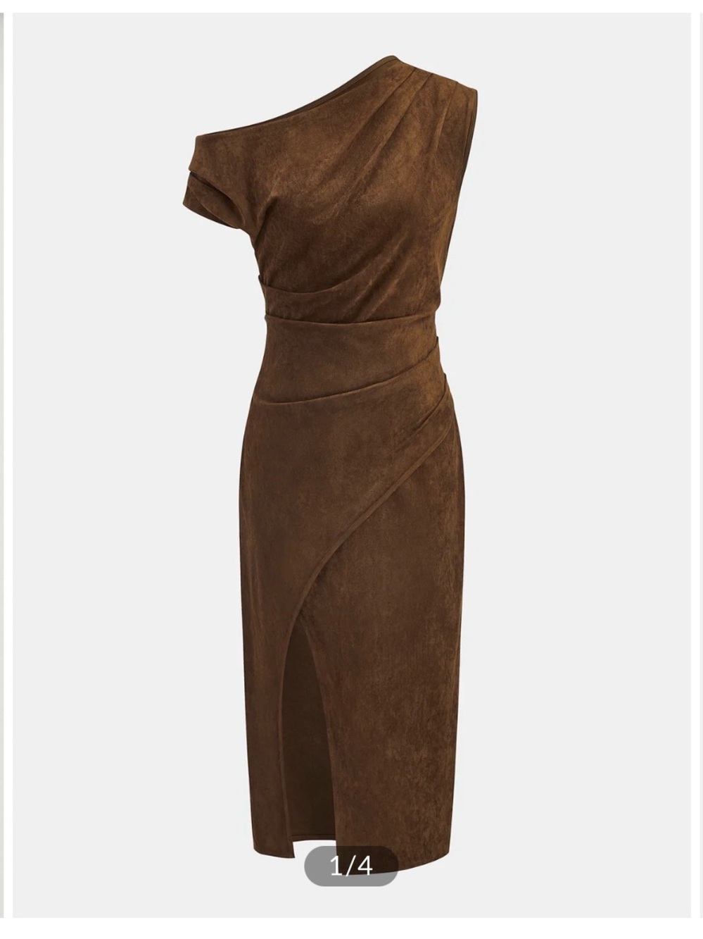 Commense One-Shoulder Brown Suede Midi Dress